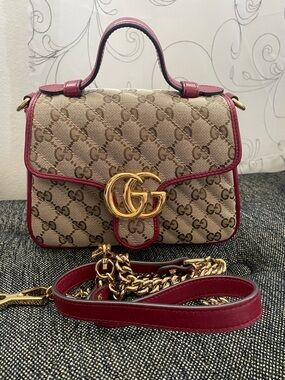 Gucci Beige GG Canvas Satchel with Red Trim and Gold Hardware